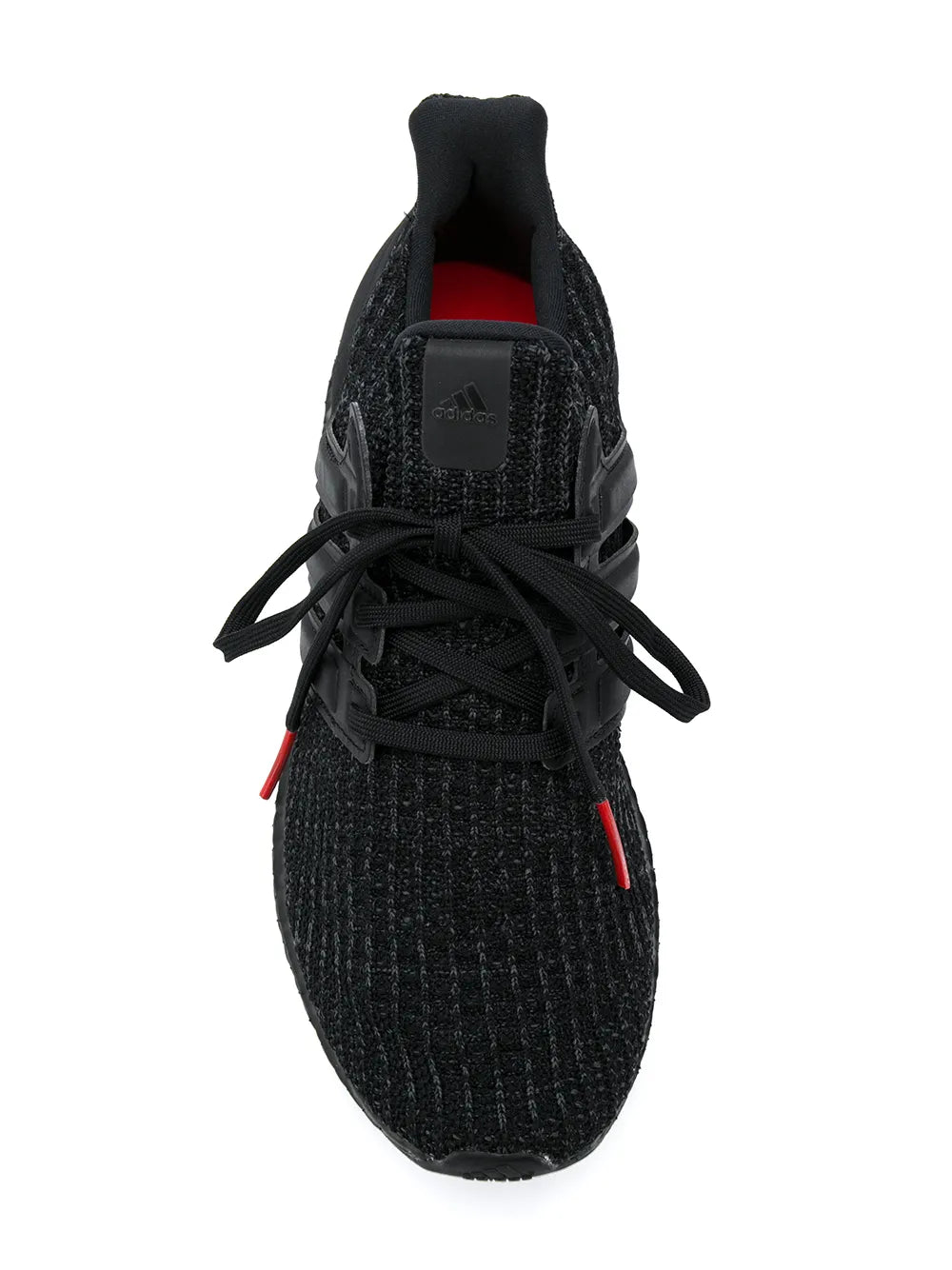 Black adidas running sneaker with lace-up front, sock collar, and red lace detail