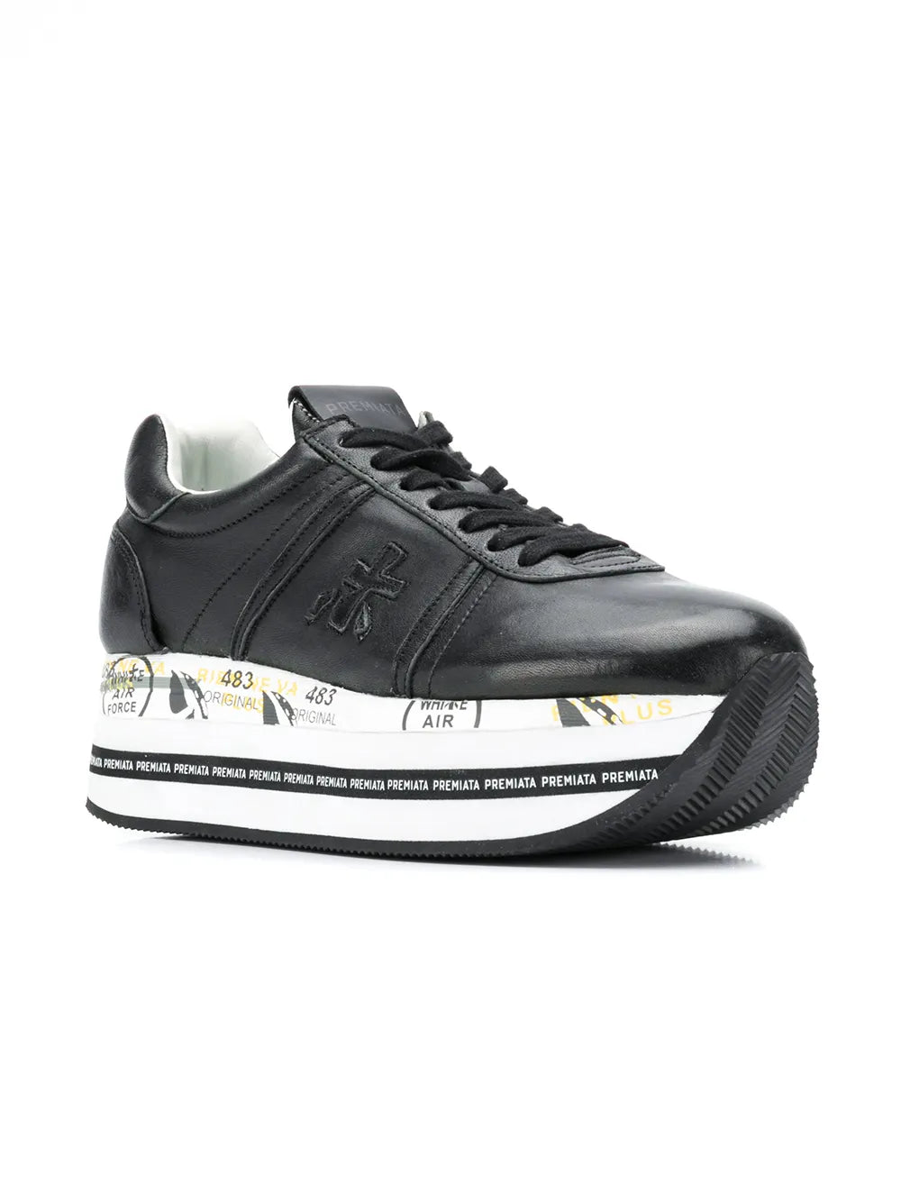 Black lace-up platform sneaker with printed midsole text strip and chunky tread sole