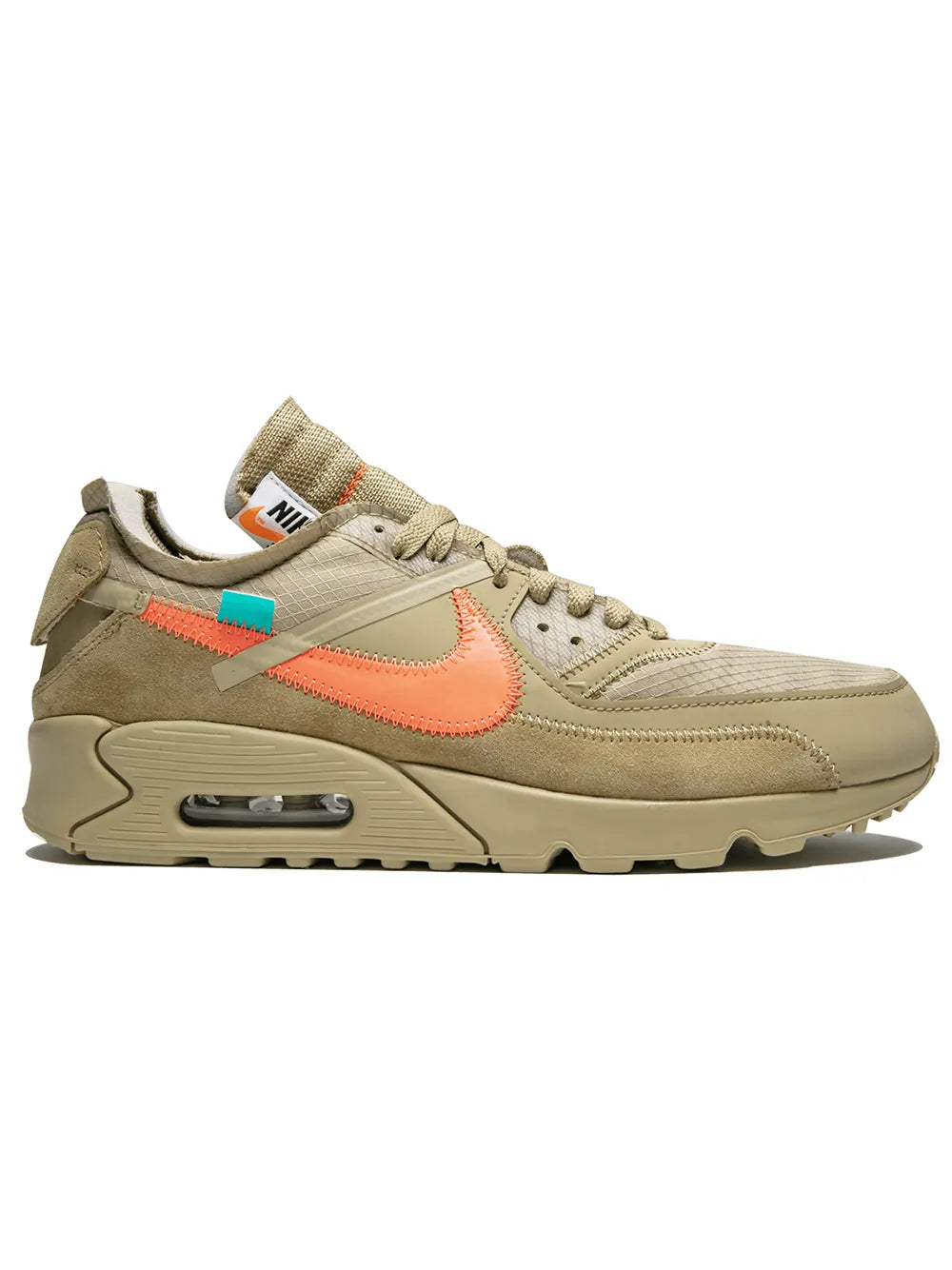 Nike Air Max 90 x Off-White sneaker, beige suede with orange swoosh and visible Air unit