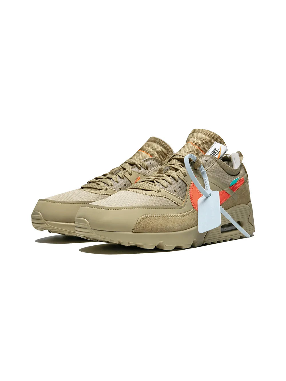 Nike Air Max 90 sneaker, beige lace-up with orange swoosh and attached blue hang tag