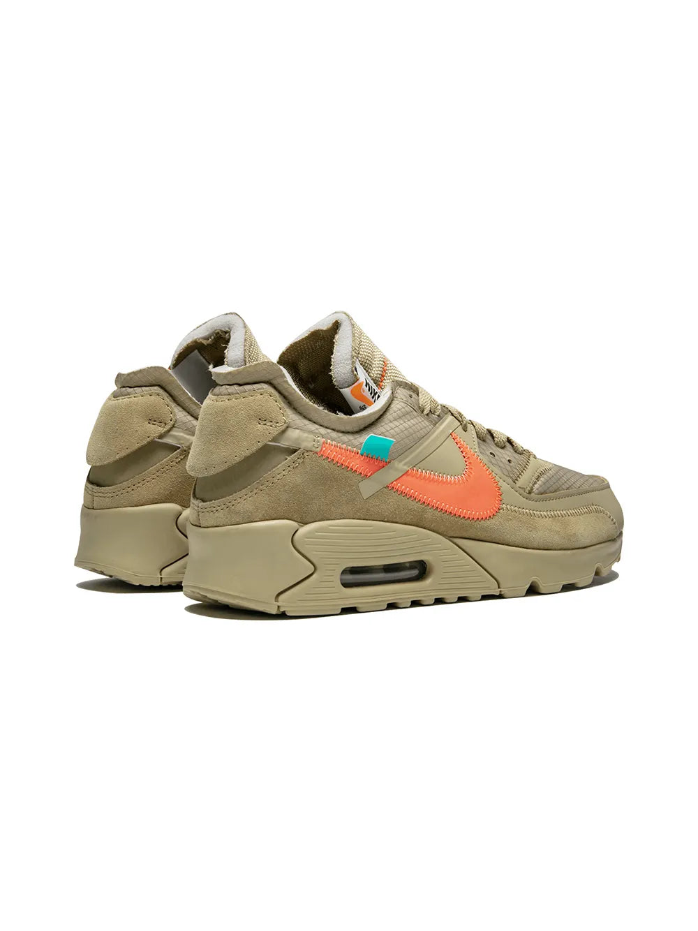 Nike Air Max 90 sneaker, beige suede heel view with orange swoosh and visible Air unit