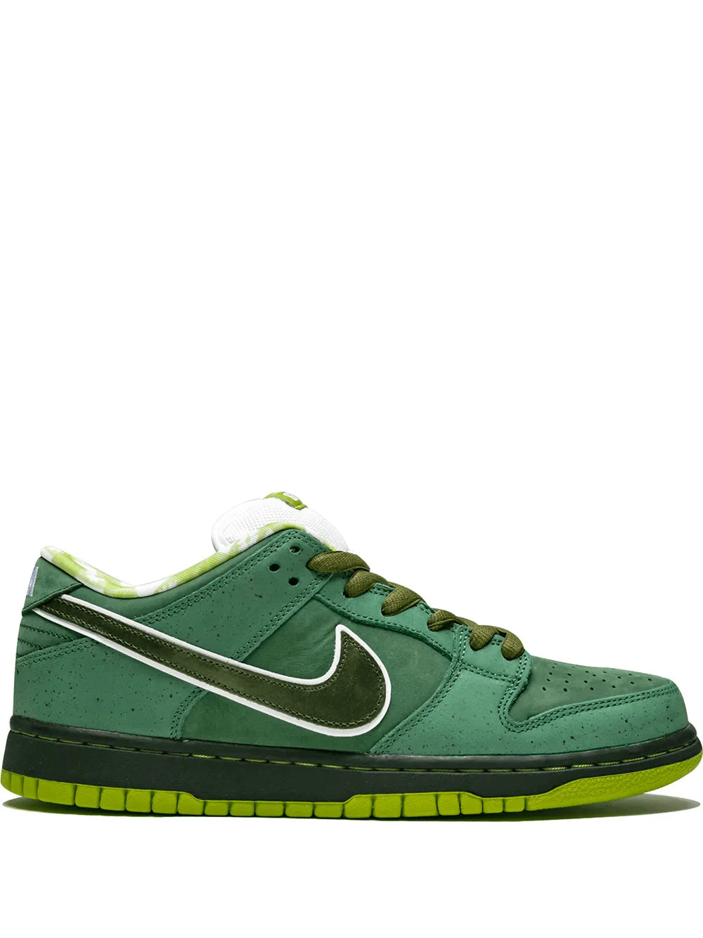 Green Nike SB Dunk Low Pro sneaker with white swoosh and neon green sole