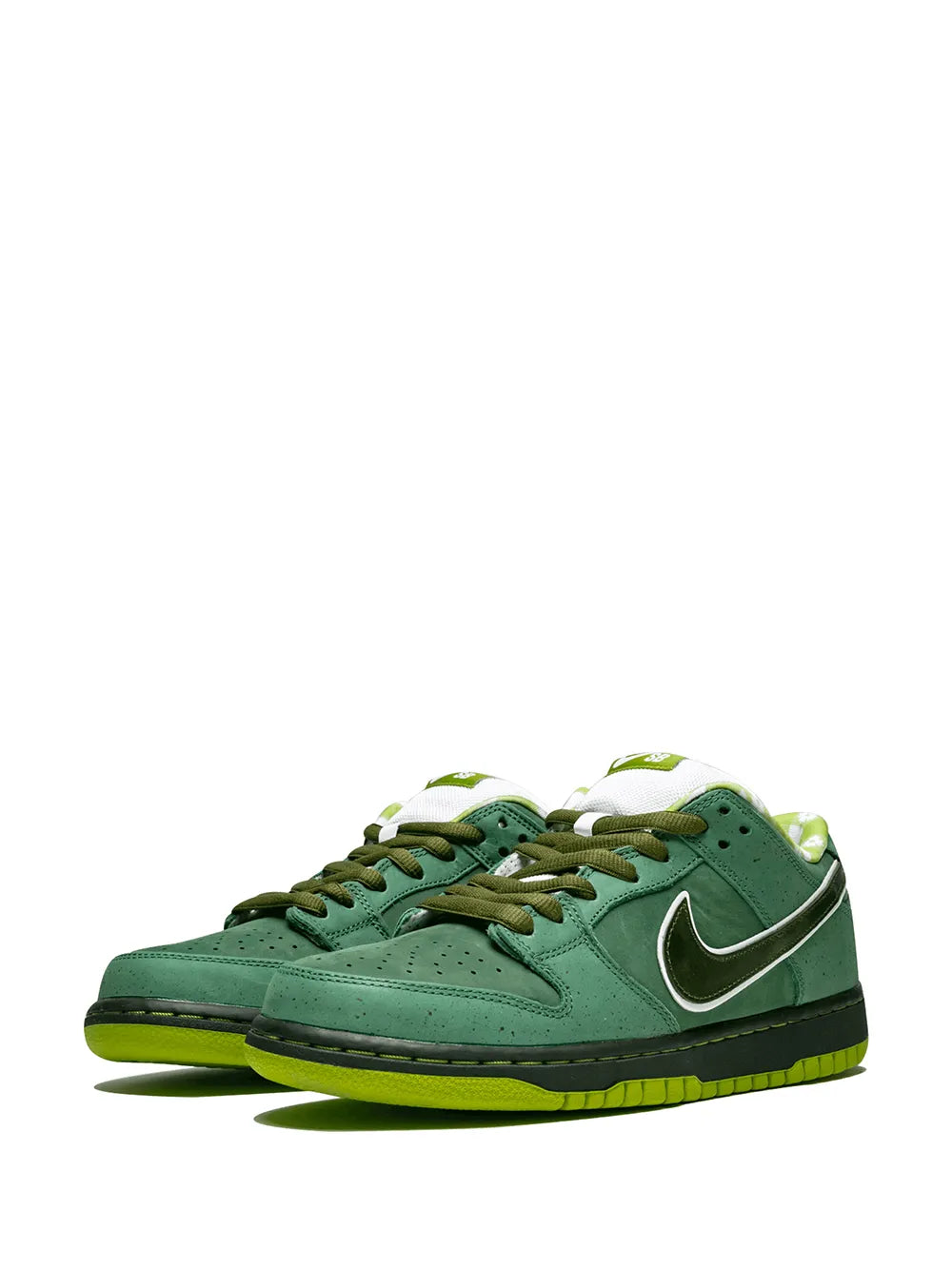 Pair of green Nike SB Dunk Low Pro sneakers with white swoosh and green laces