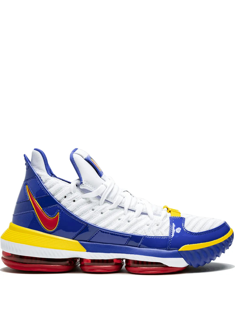 Blue and white basketball sneakers with red and yellow accents, lace-up design