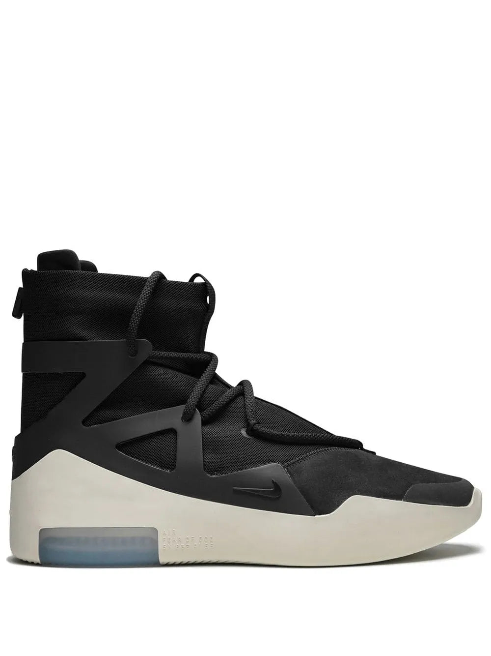 Black high-top sneakers with strap detail, Nike swoosh, and light sole