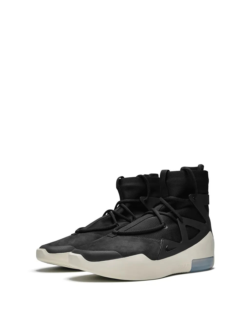 Black high-top sneakers with lace-up closure and Nike swoosh, side view
