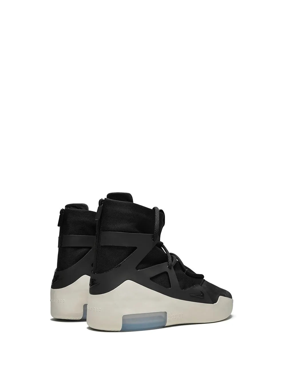 Black high-top sneakers with strap panel and light midsole, front 3/4 view