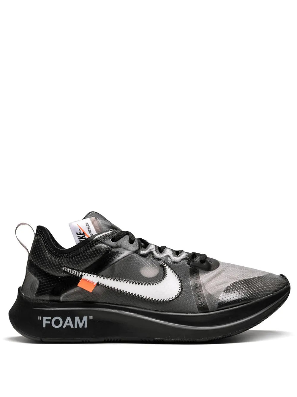 Nike x Off-White Zoom Fly black sneaker, white swoosh, orange detail, 'FOAM' text