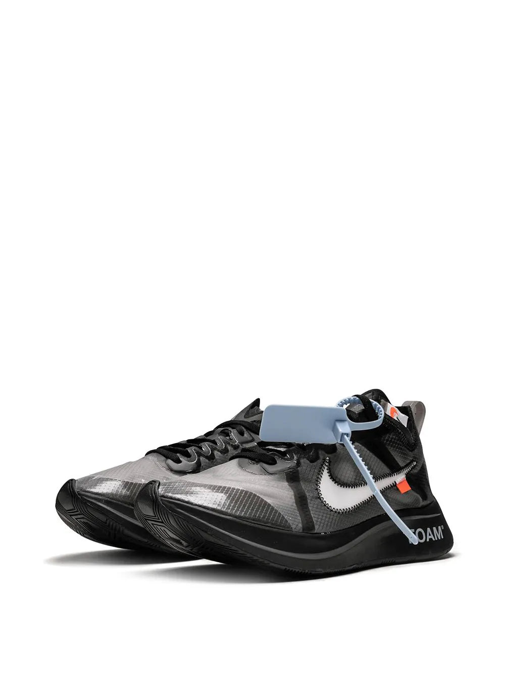Nike x Off-White Zoom Fly black sneaker, white swoosh, blue tag, 'FOAM' marking