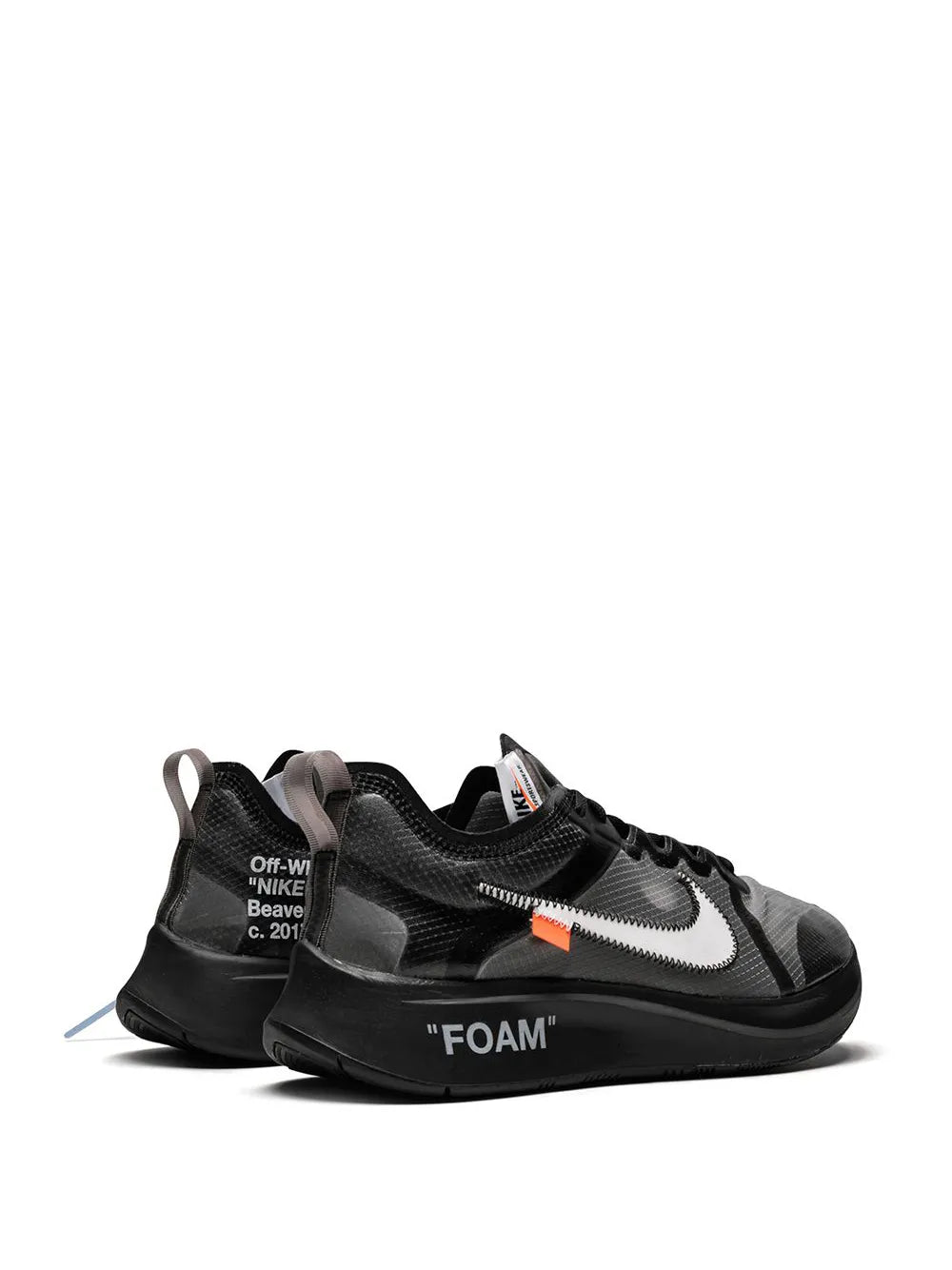 Nike x Off-White Zoom Fly black sneaker with heel label, white swoosh, 'FOAM' text