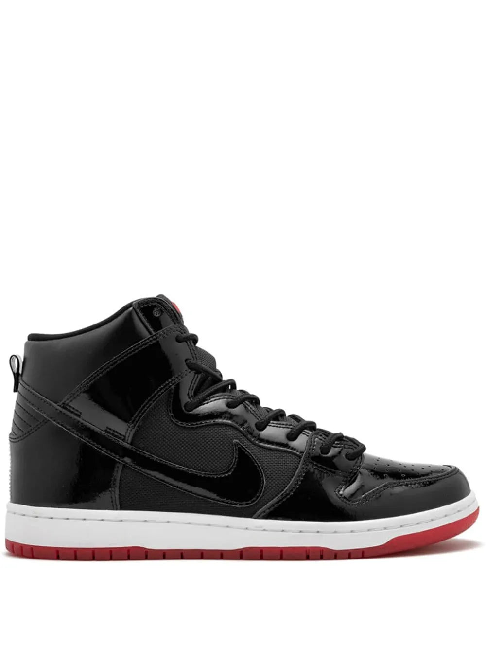 Black high-top sneakers with Nike swoosh and red-and-white outsole