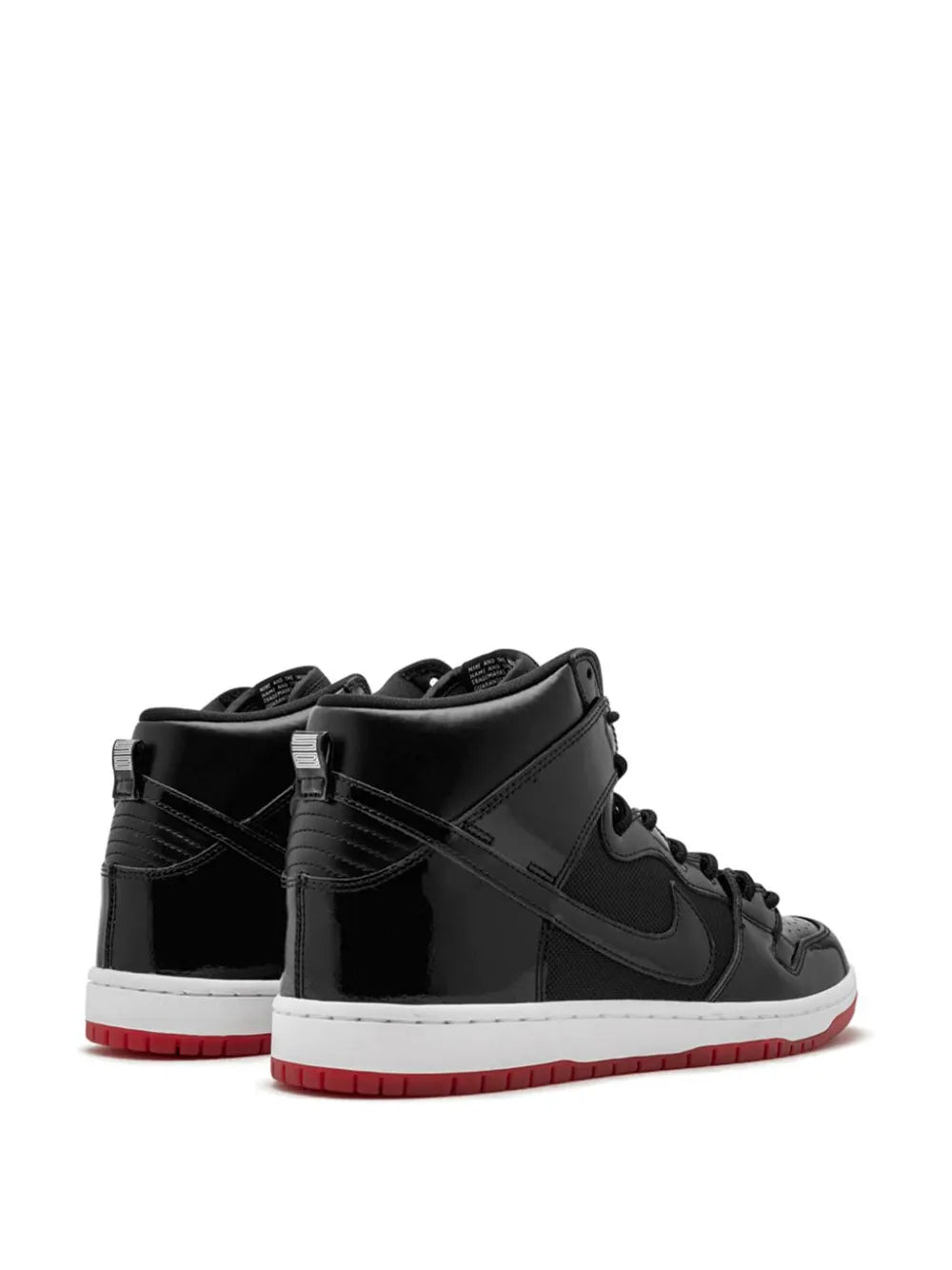 Black high-top sneakers, side and rear view, Nike swoosh with red outsole