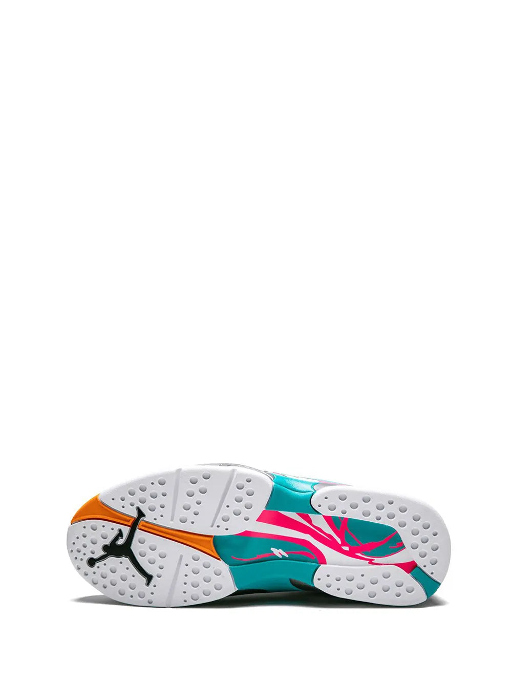 White sneaker outsoles with teal and pink graphic stripes and gray traction tread