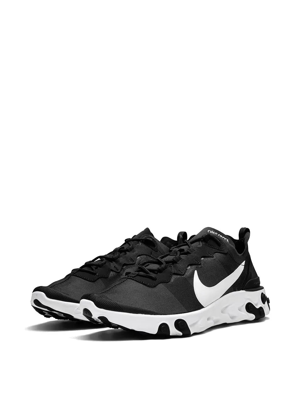 Nike React Element 55 black sneaker with white Swoosh and chunky black/white sole
