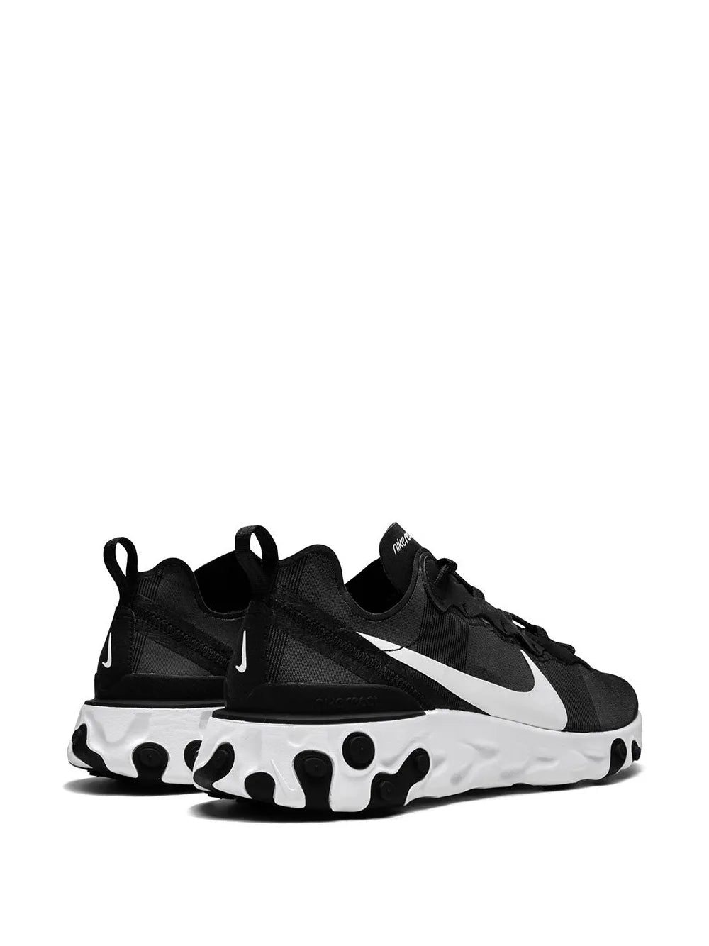 Nike React Element 55 black sneaker with white side Swoosh and patterned outsole pods