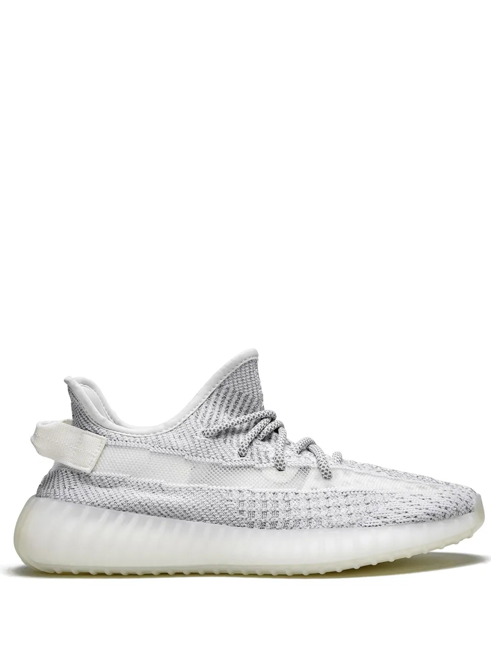 White reflective knit low-top sneaker with lace-up and thick Boost-style sole