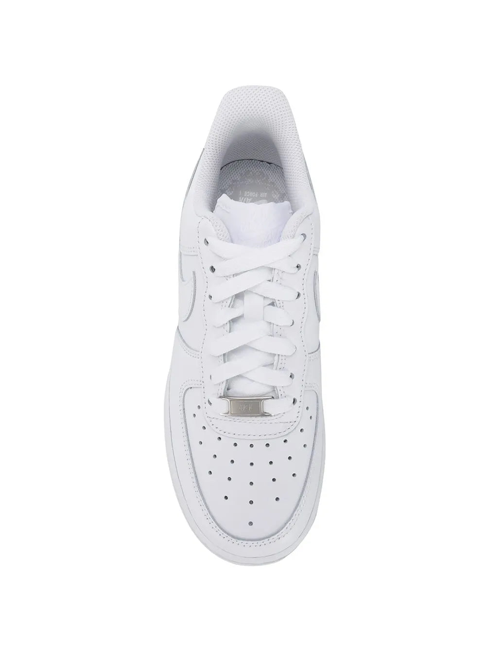 White Nike Air Force 1 '07 low-top sneakers, top view showing laces and eyelets