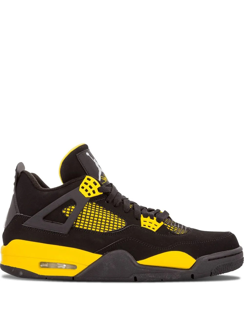 Black lace-up sneakers with yellow mesh panels, Air Jordan logos, and yellow midsole