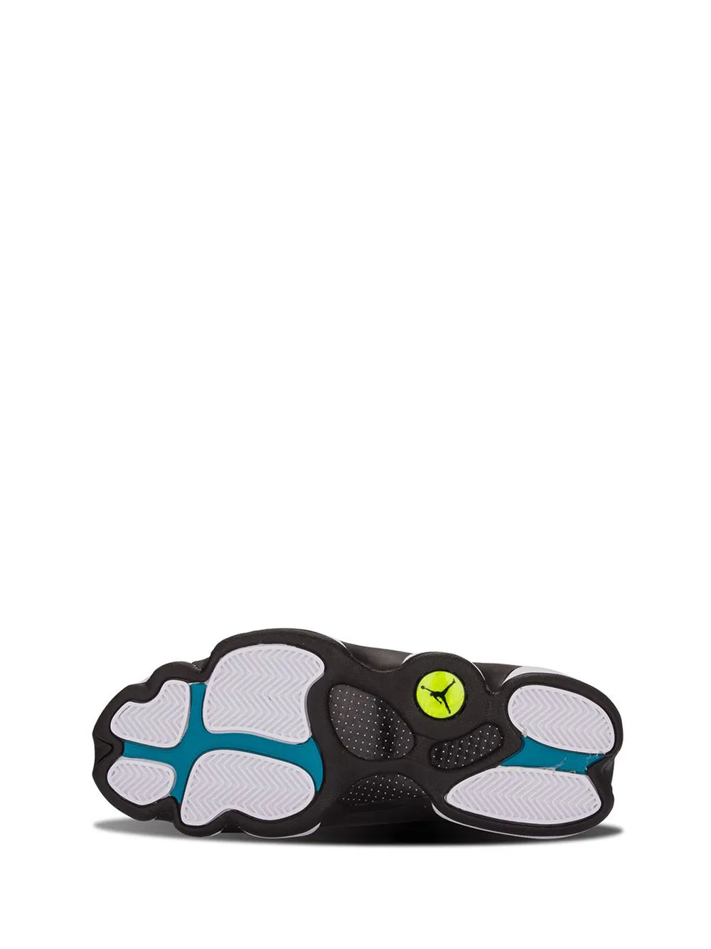 Black rubber outsole with tread pattern and neon lime traction accents
