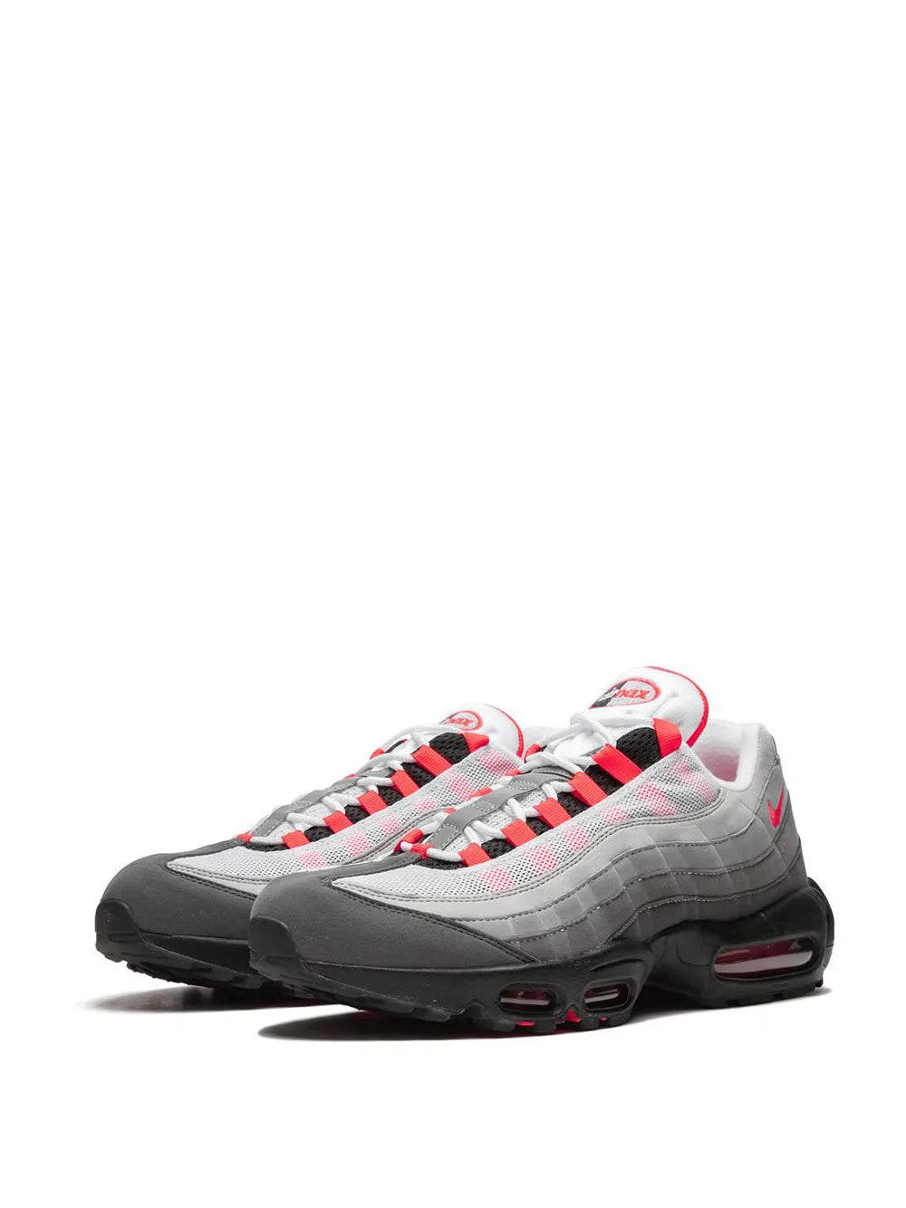 Nike Air Max 95 OG sneakers, side view; gray panels, red laces, and air window