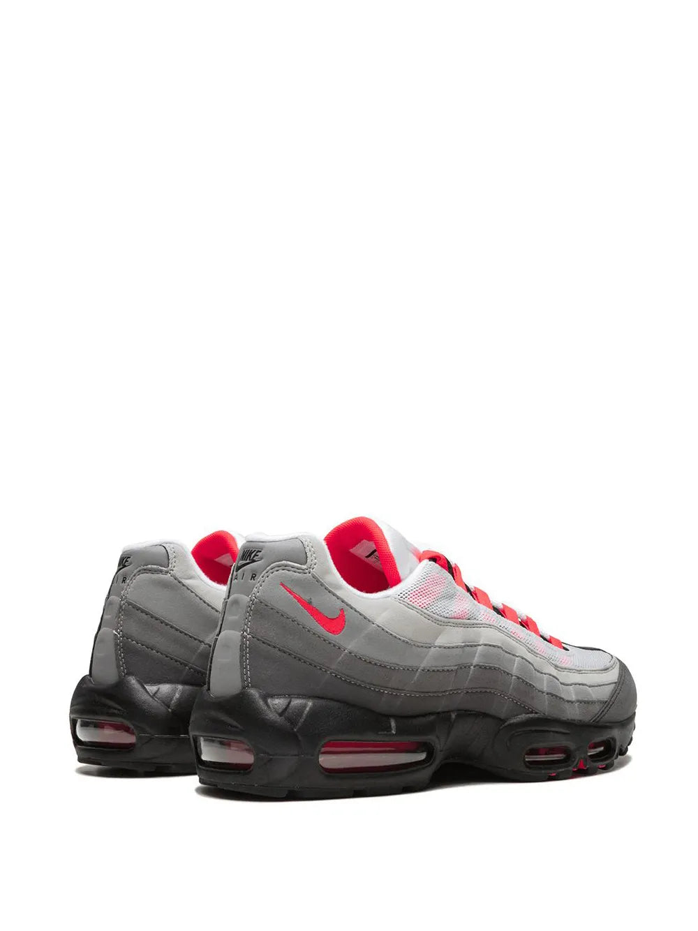 Nike Air Max 95 OG sneakers, heel view with gray leather, red accents, and air units
