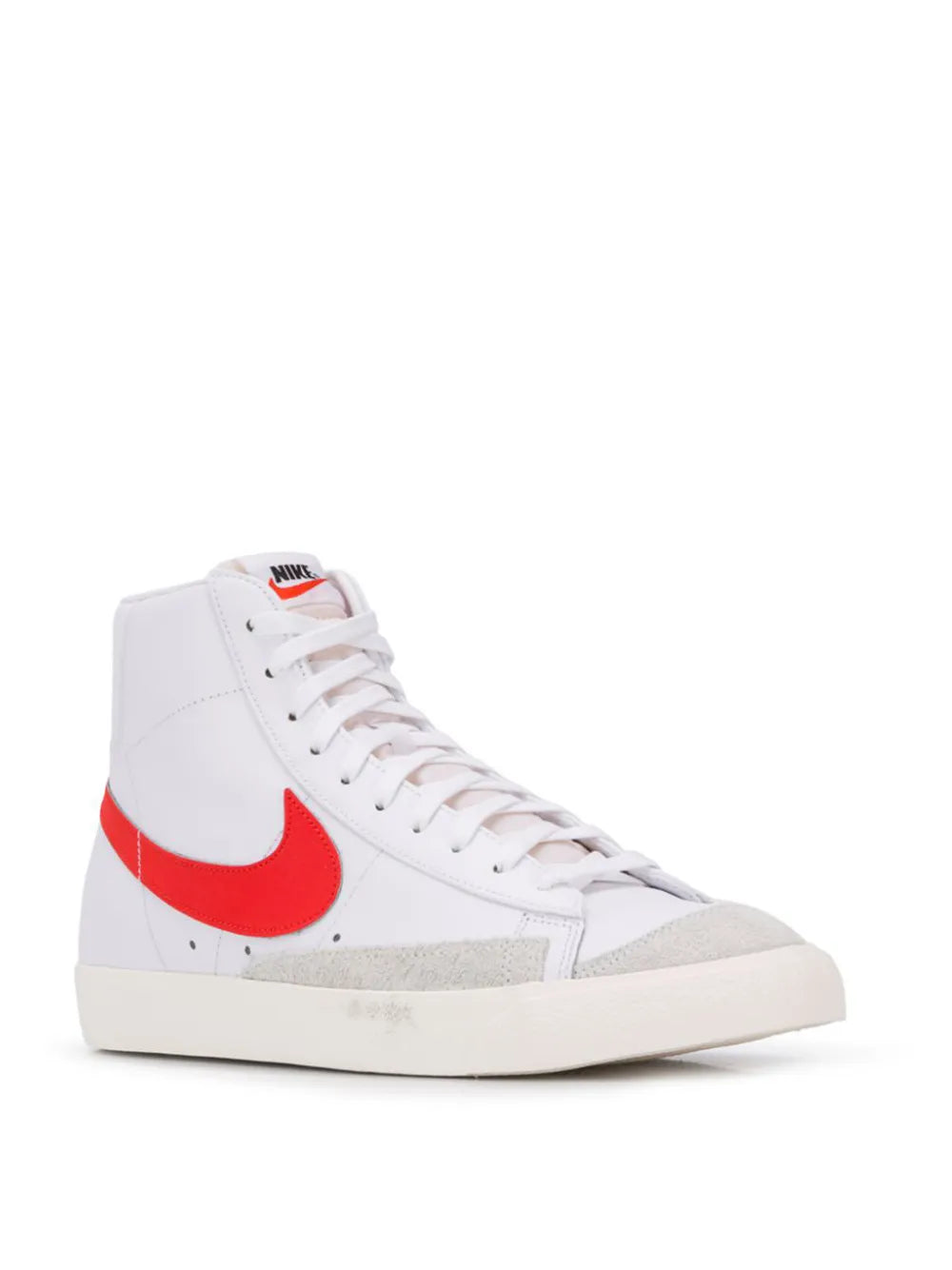 White mid-top lace-up sneakers with red Swoosh and beige heel patch