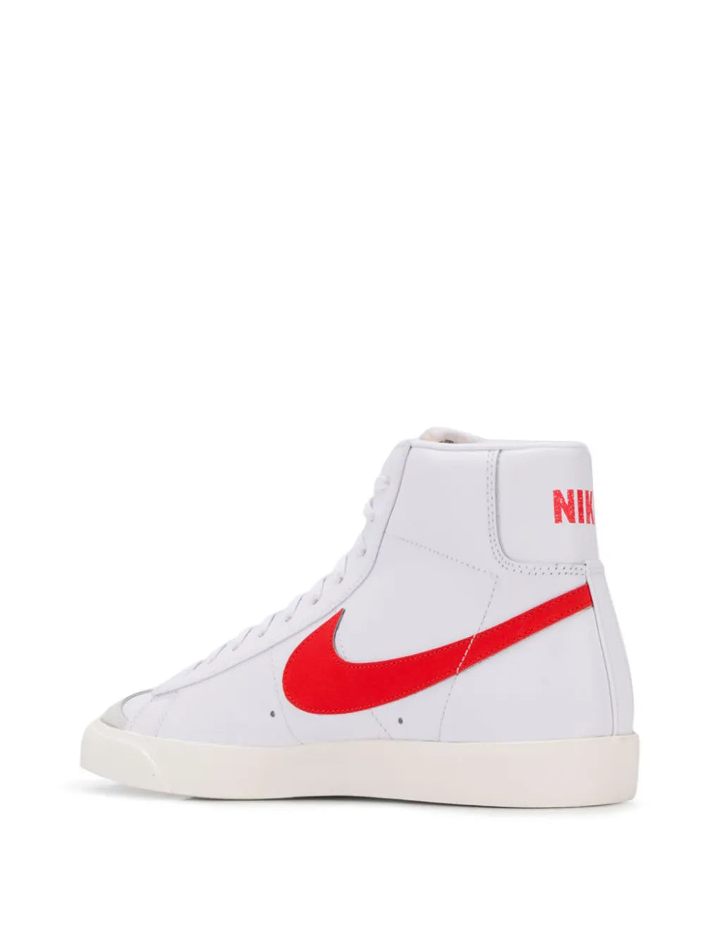 White mid-top sneakers with red Swoosh, padded collar, and Nike heel logo