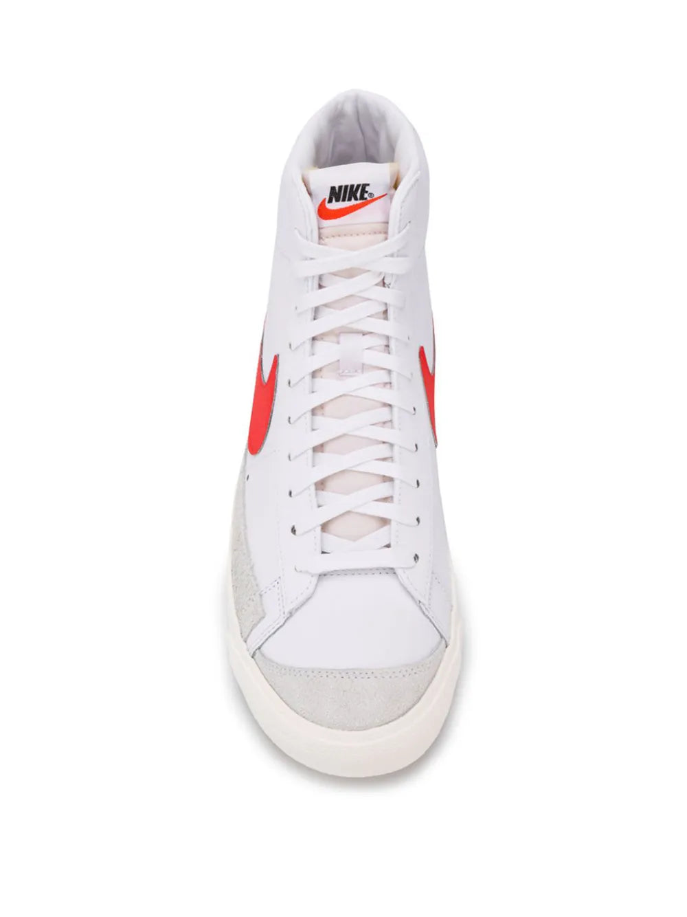 White mid-top sneakers with red Swoosh, lace-up closure, and Nike tongue logo