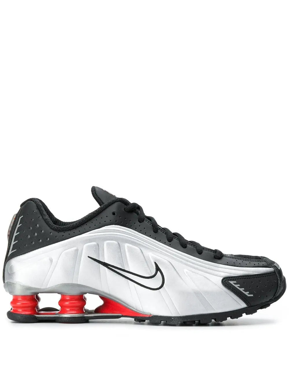 Black Nike Shox R4 running shoe, white midsole and red air pods, black laces