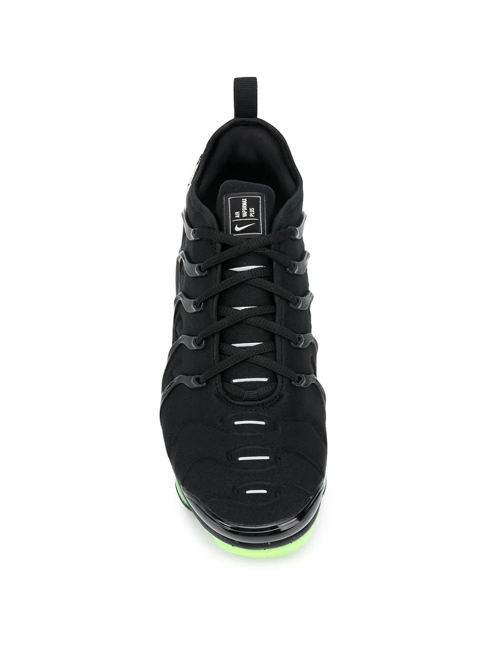 Black Nike Air Vapormax sneaker rear view, lace-up with neon green sole trim