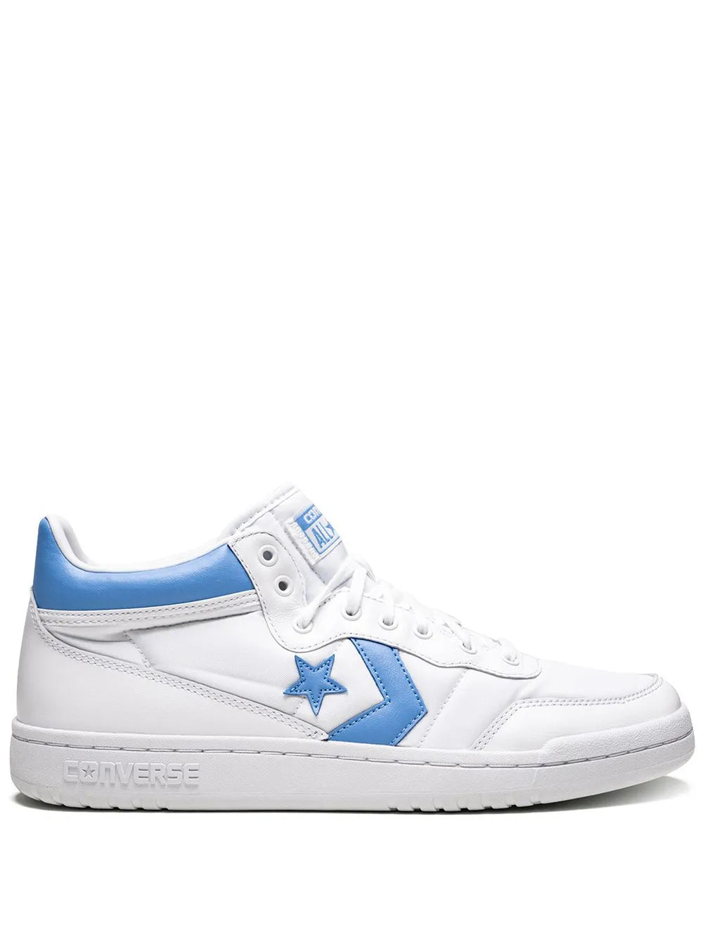 White low-top sneakers with blue side panel and star logo, lace-up