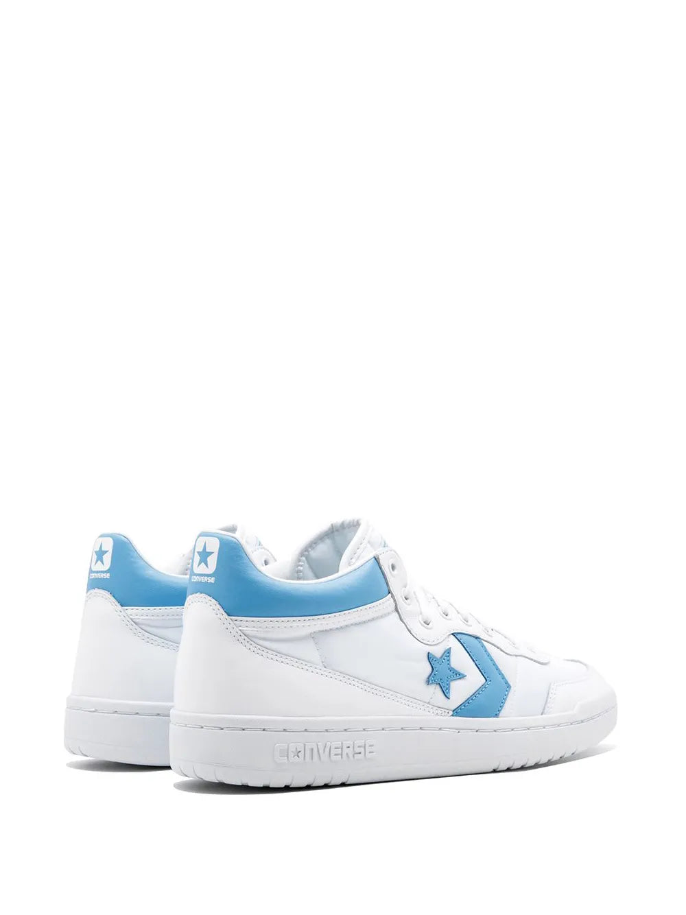 White low-top sneakers with blue heel and side star, lace-up