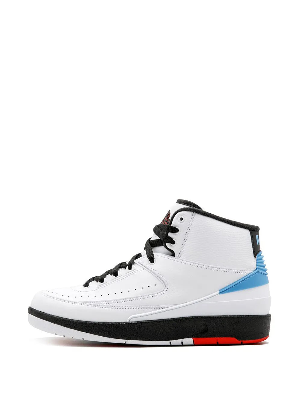 White high-top sneakers with blue stripe, black laces, red sole accents