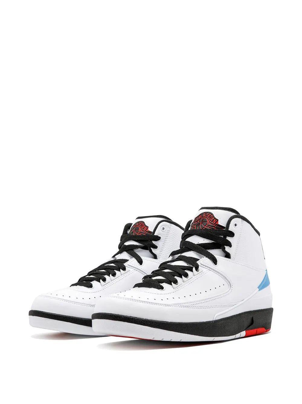 Pair of white high-top sneakers with black laces and blue side stripe