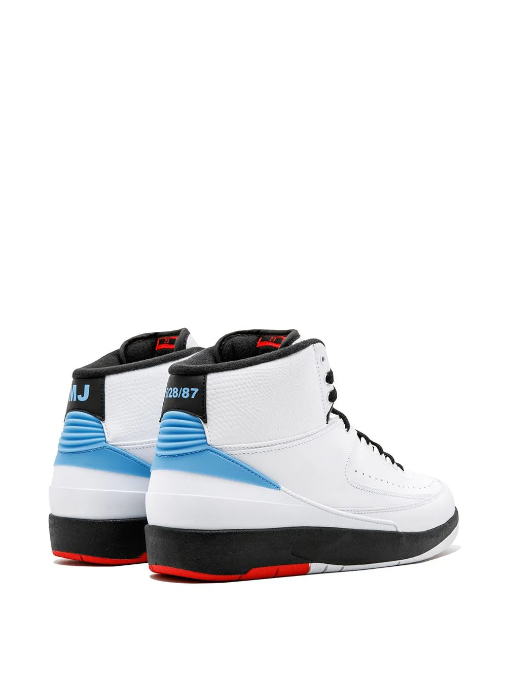White high-top sneakers with blue heel panel, black laces, red sole accents