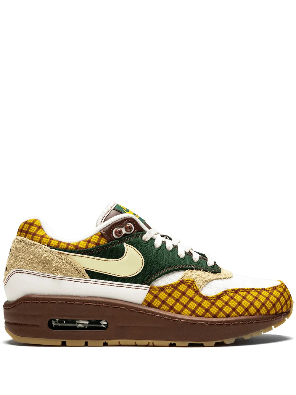 Nike Air Max 1 sneakers with green suede upper, yellow plaid toe, white swoosh