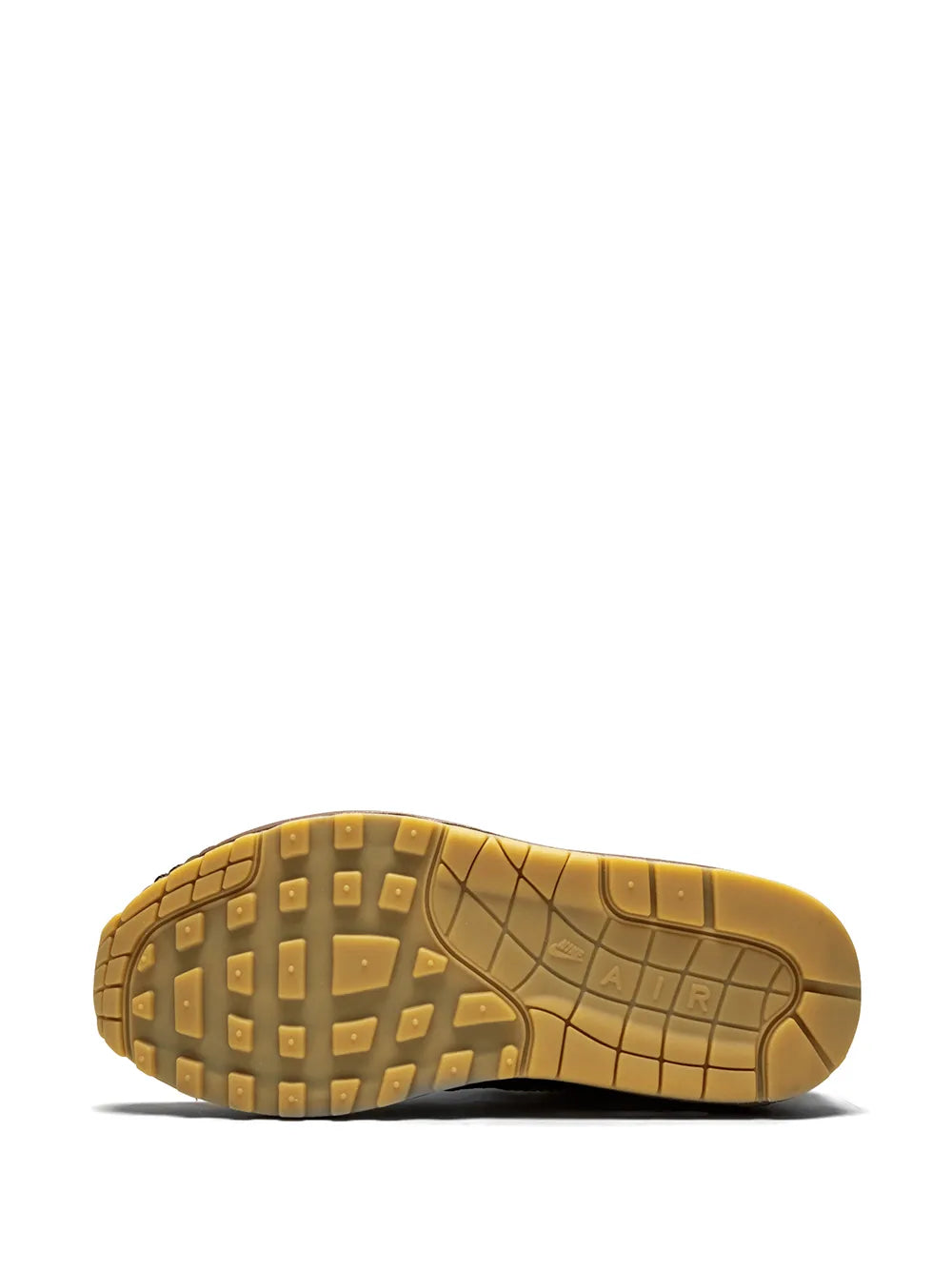 Nike Air Max 1 outsole view with brown rubber tread on full-length sole
