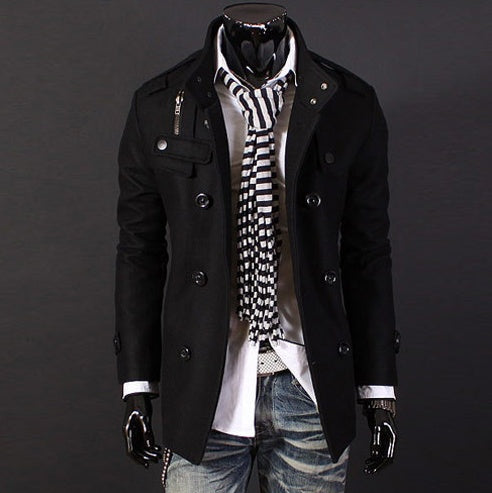 Men's black double-breasted wool coat with flap pockets and button front.