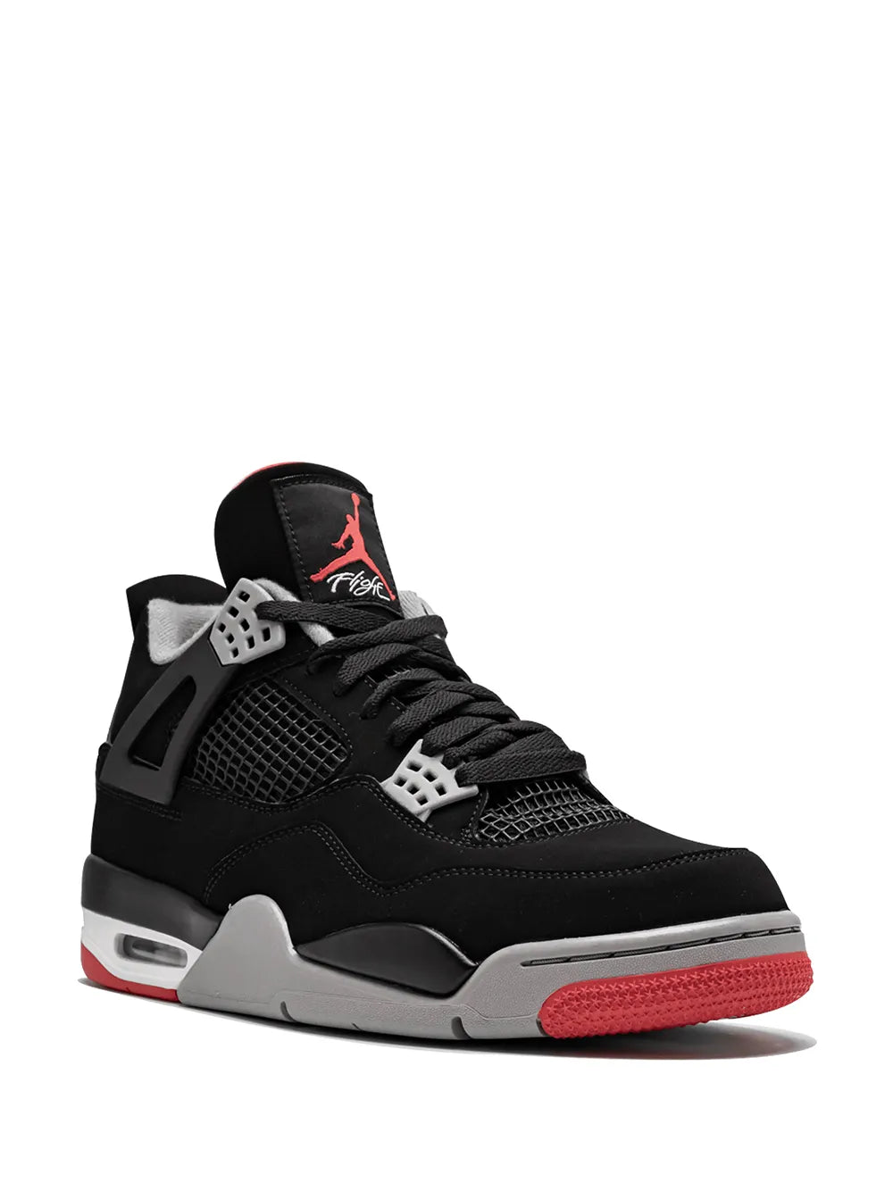 Black Air Jordan 4 sneakers with red Jumpman graphic on tongue, lace-up, gray midsole