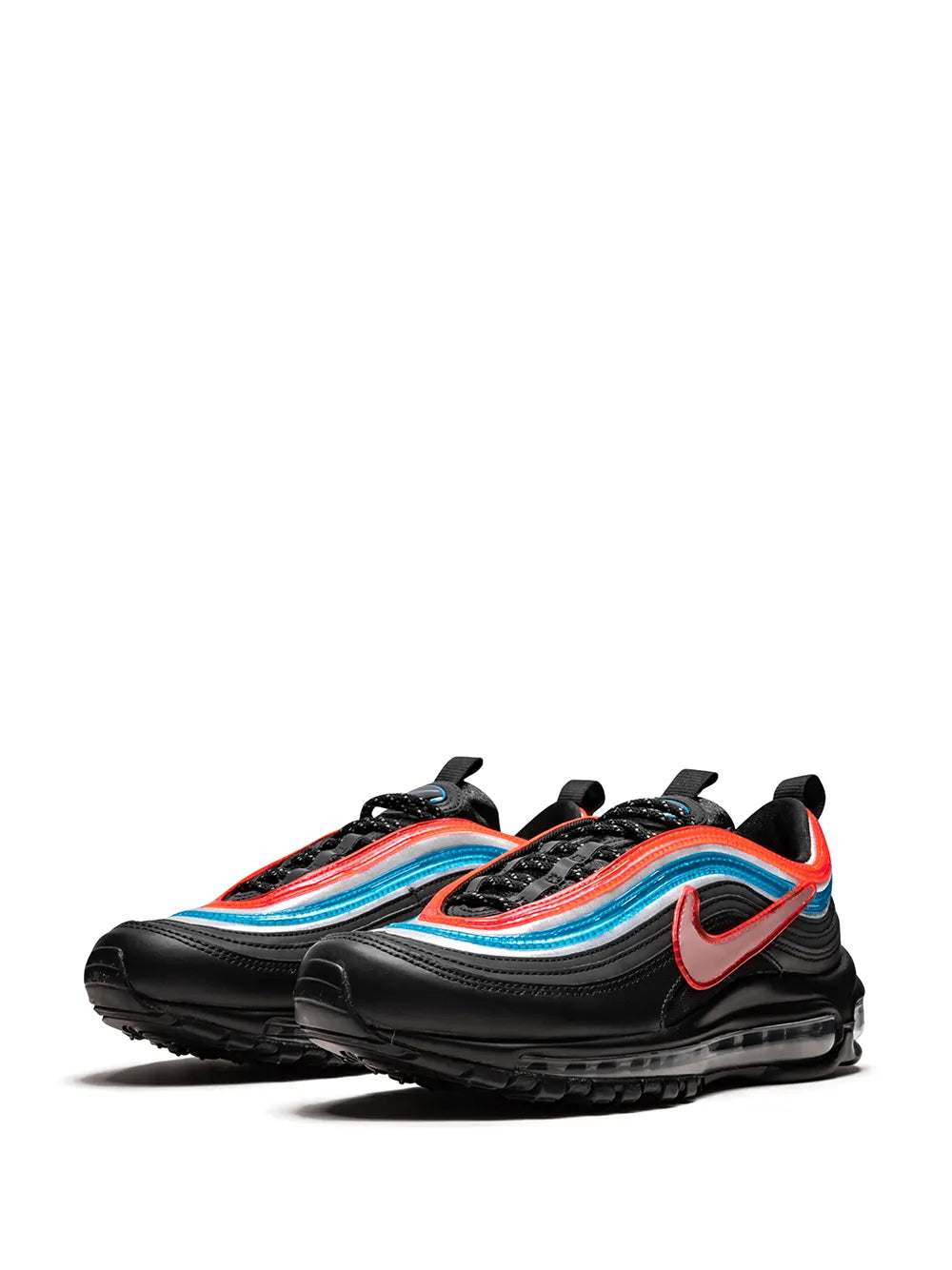 Nike Air Max 97 sneakers pair, black with red swoosh and blue/orange wave panels