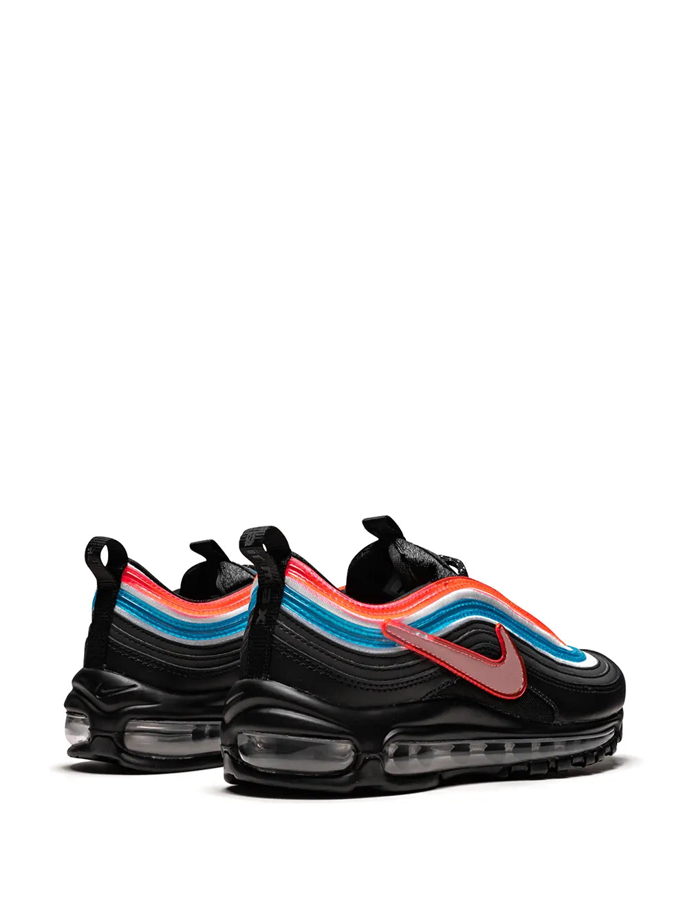 Nike Air Max 97 sneakers, black with red swoosh and multicolor wave trim, heel air unit
