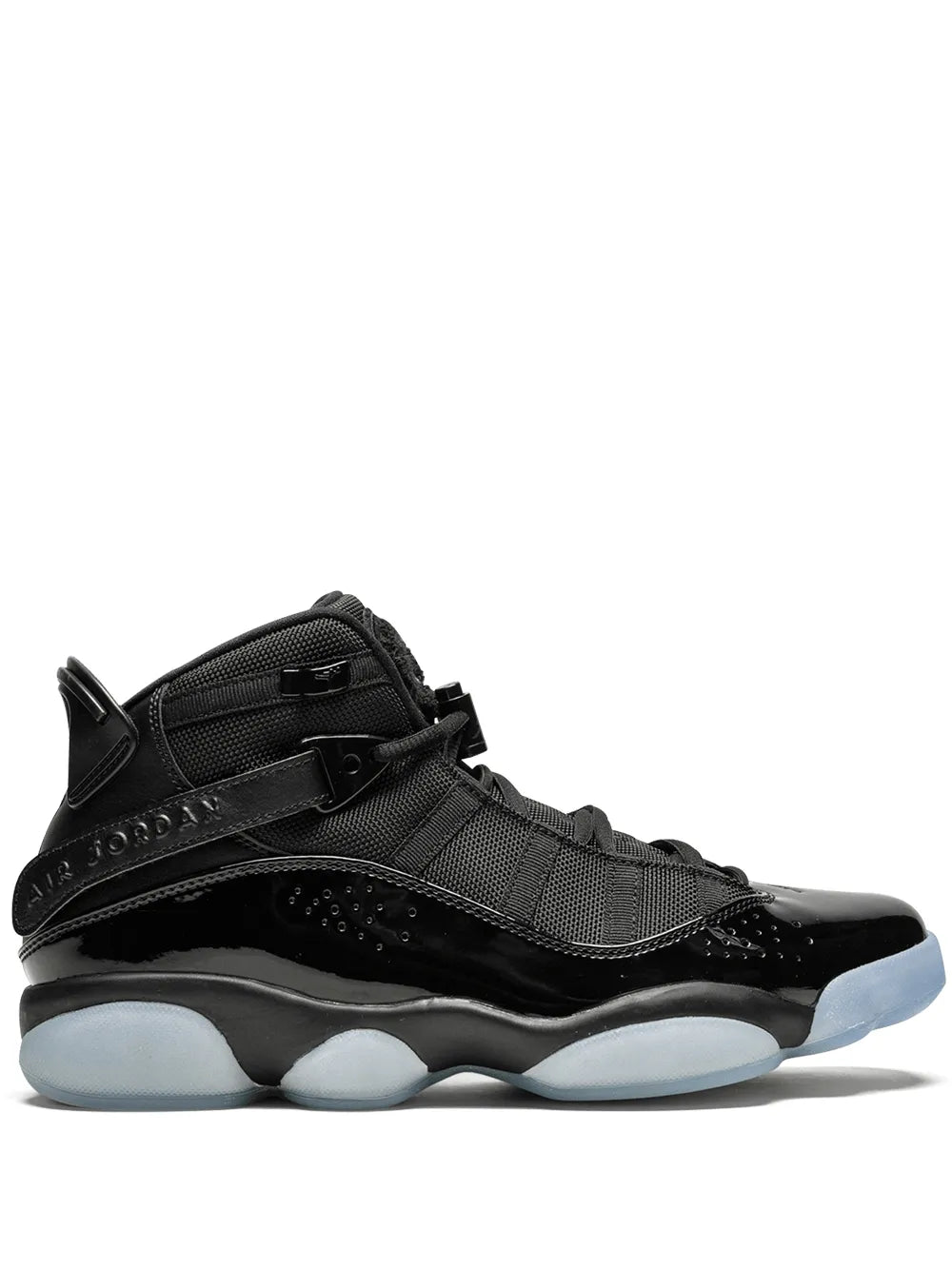 Black high-top sneakers with lace-up closure and light blue outsole