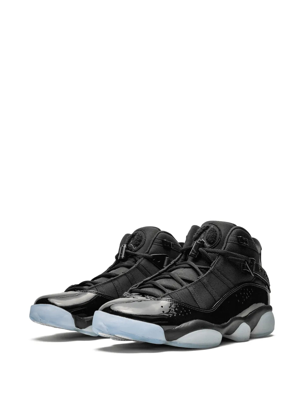 Black high-top sneakers, lace-up style, with light blue accents and outsole
