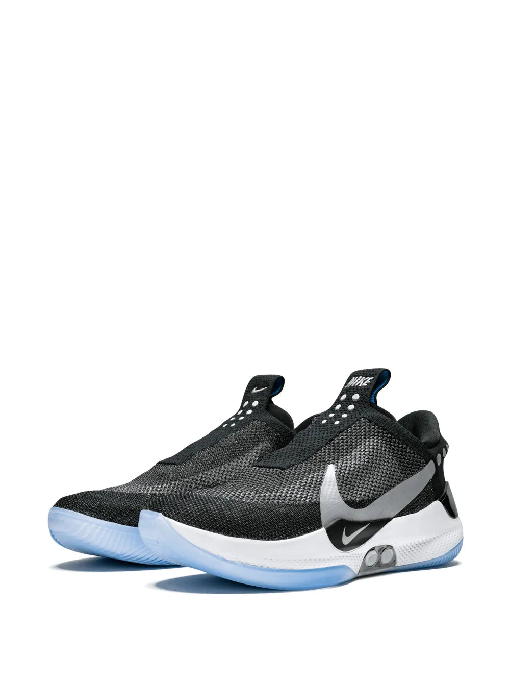 Low-top knit sneakers with black upper, white swoosh, and light-blue sole