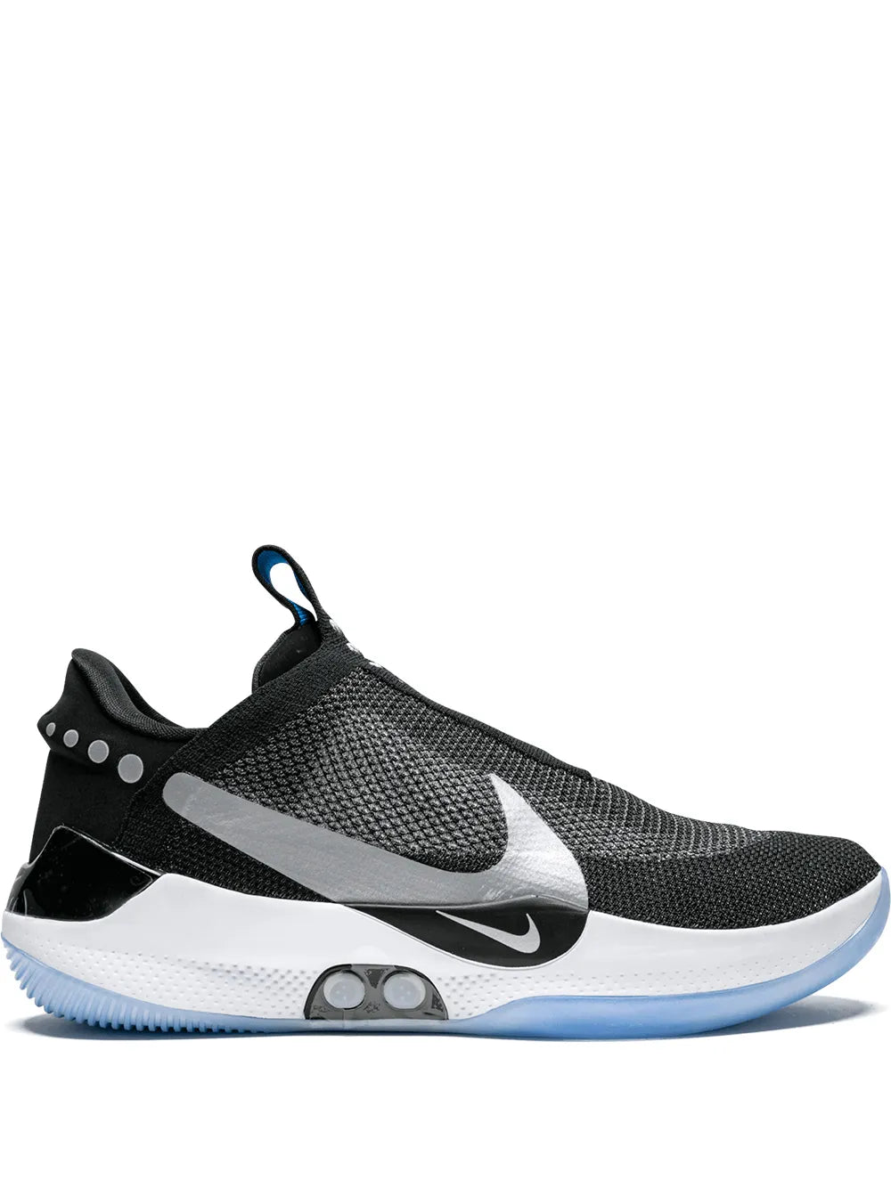 Nike Adapt BB sneakers, black knit upper with white swoosh and blue accents