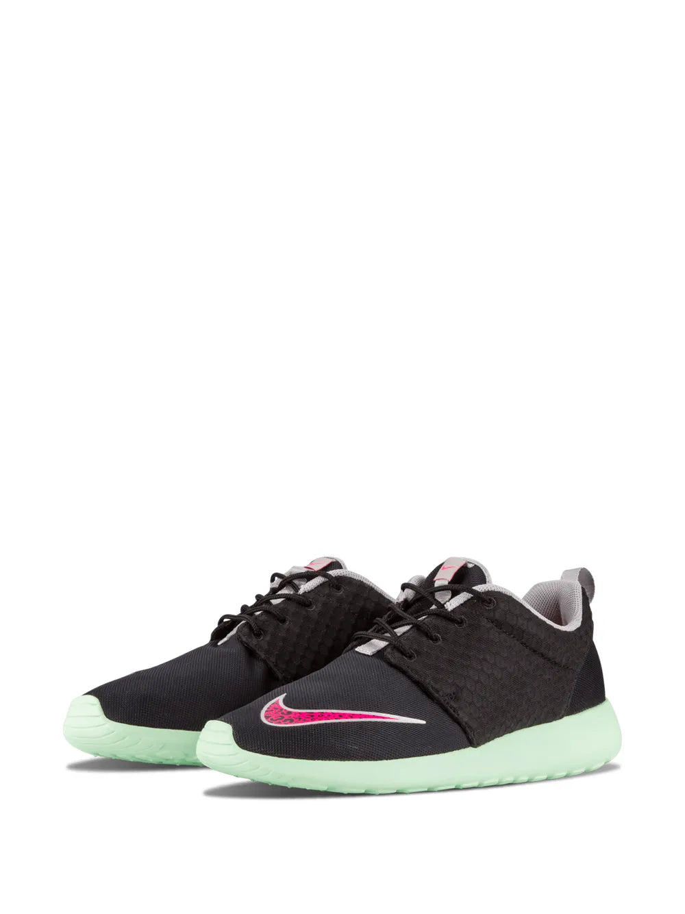 Nike Rosherun FB pair of black sneakers with pink swoosh and mint green outsole