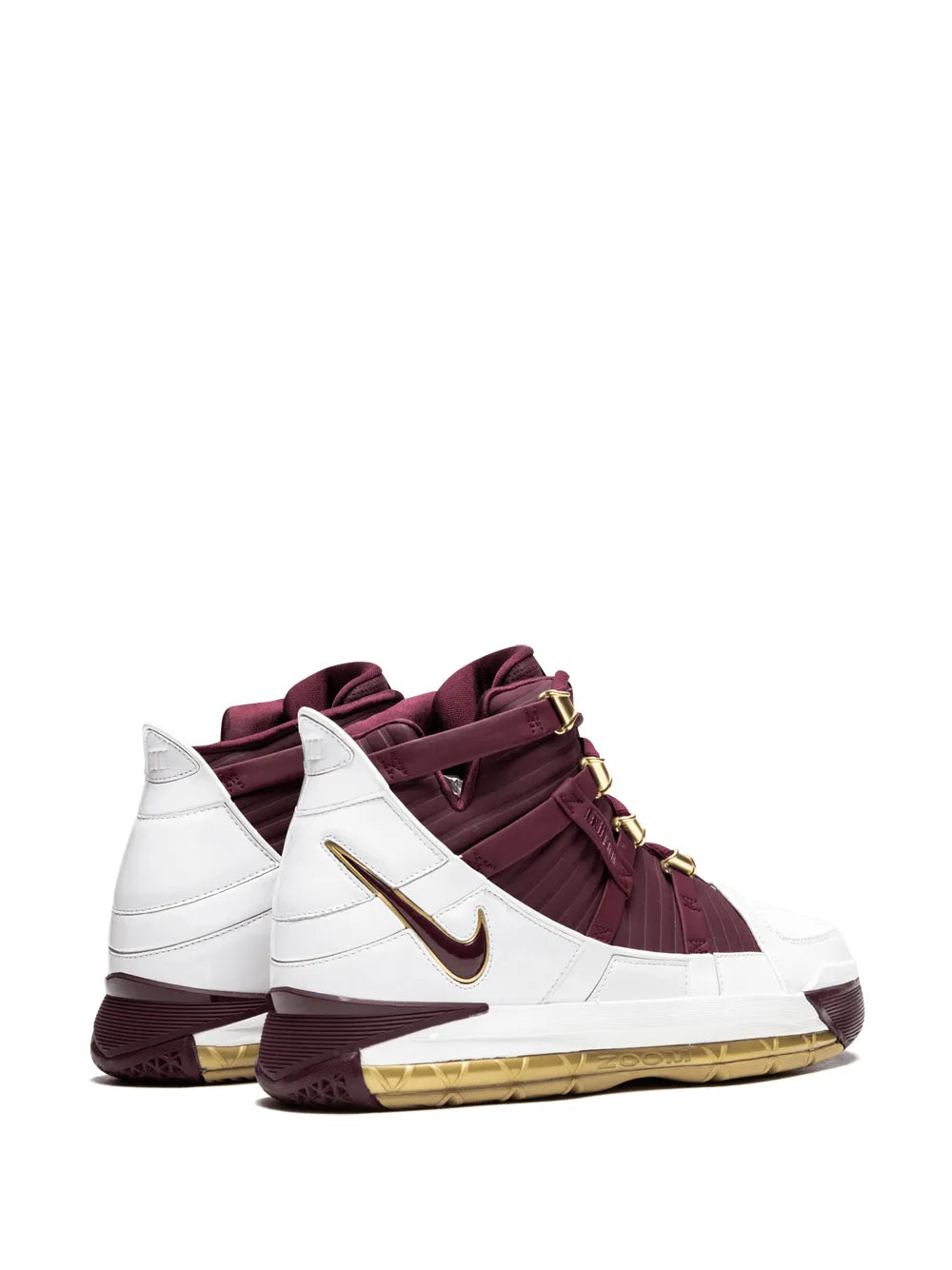 Nike Zoom LeBron 3 high-top sneakers with white overlays and maroon lace-up upper.