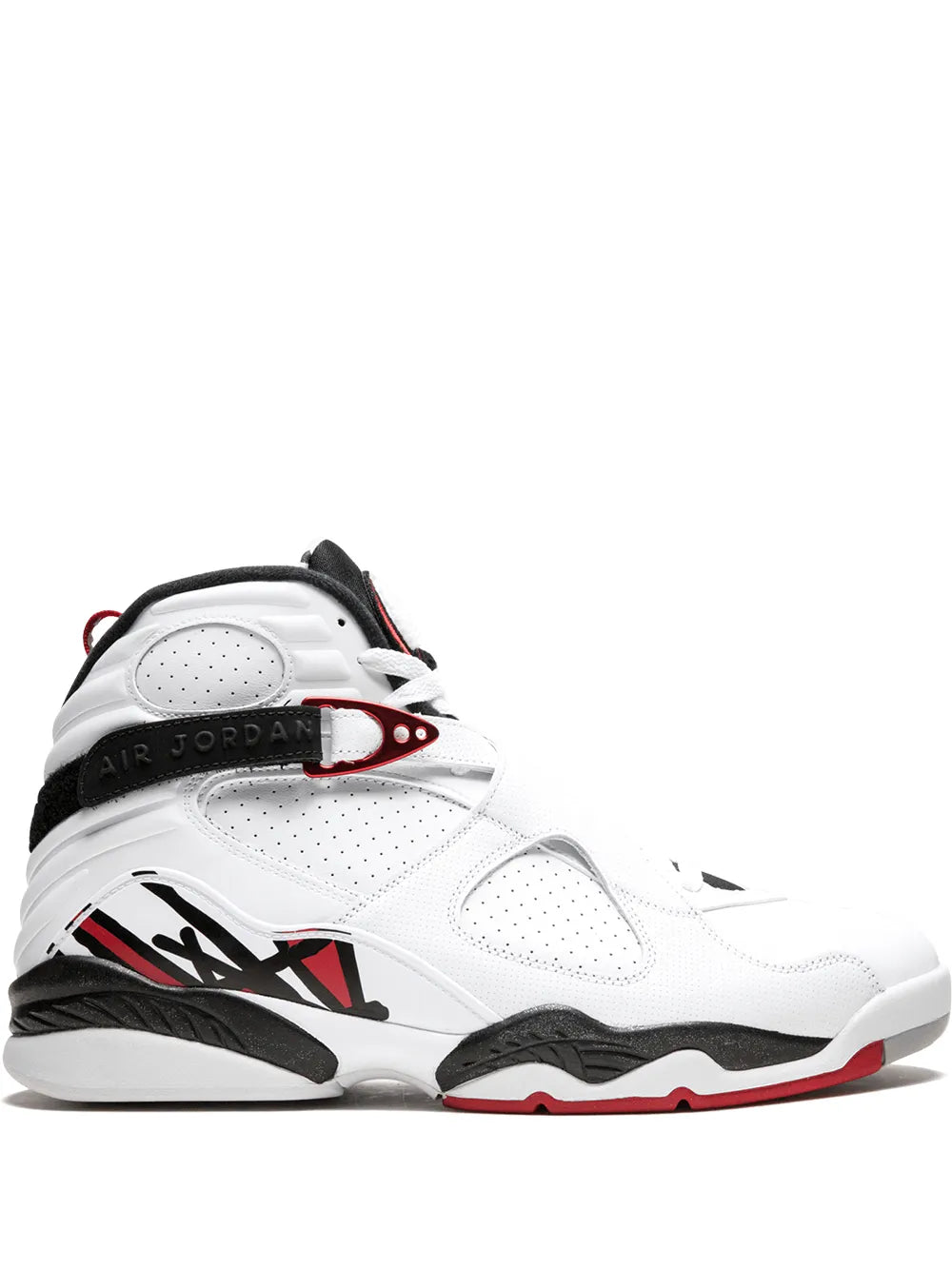 White leather Air Jordan 8 retro sneakers with black and red accents, lace-up