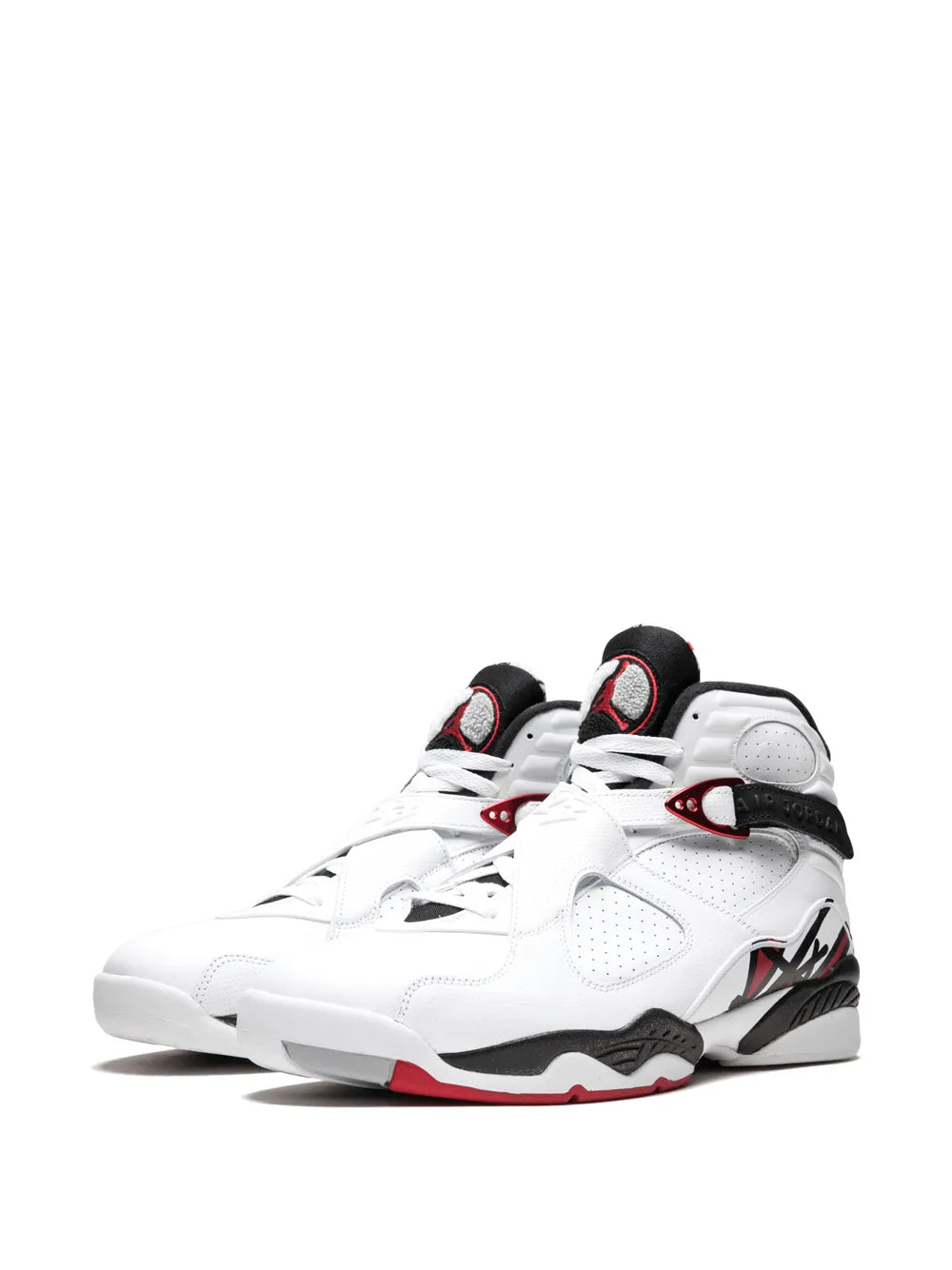 White Air Jordan 8 retro sneakers with black midsole and red detailing, lace-up
