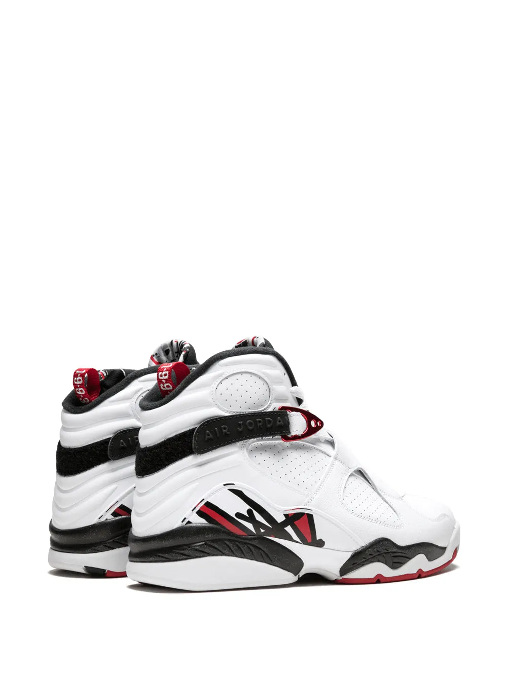 White Air Jordan 8 retro sneakers, side view with black accents and red trim